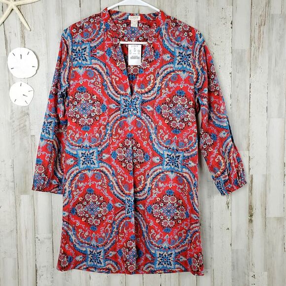J. Crew Floral Tunic Top Red Blue Size XXS - Picture 1 of 10